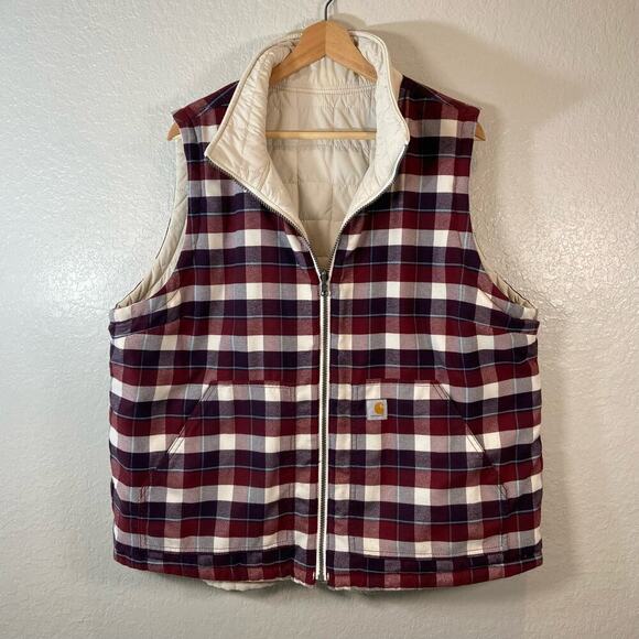 CARHARTT Mens Vest Reversible Quilted Bone/Plaid Red Burgandy Sz XL Lightweight - Picture 6 of 12